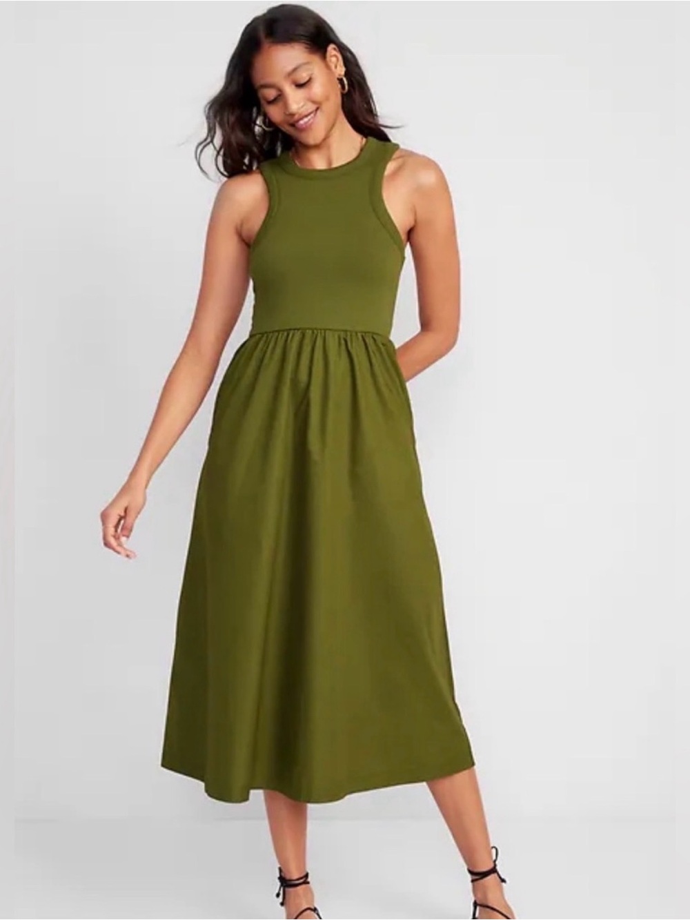 Fit & Flare High-Neck Combination Midi Dress